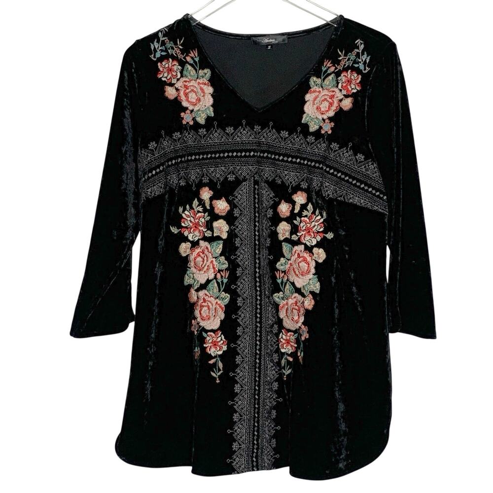 Andree by Unit Black Floral Velour Blouse Tunic S Embroidery Boho Oversized